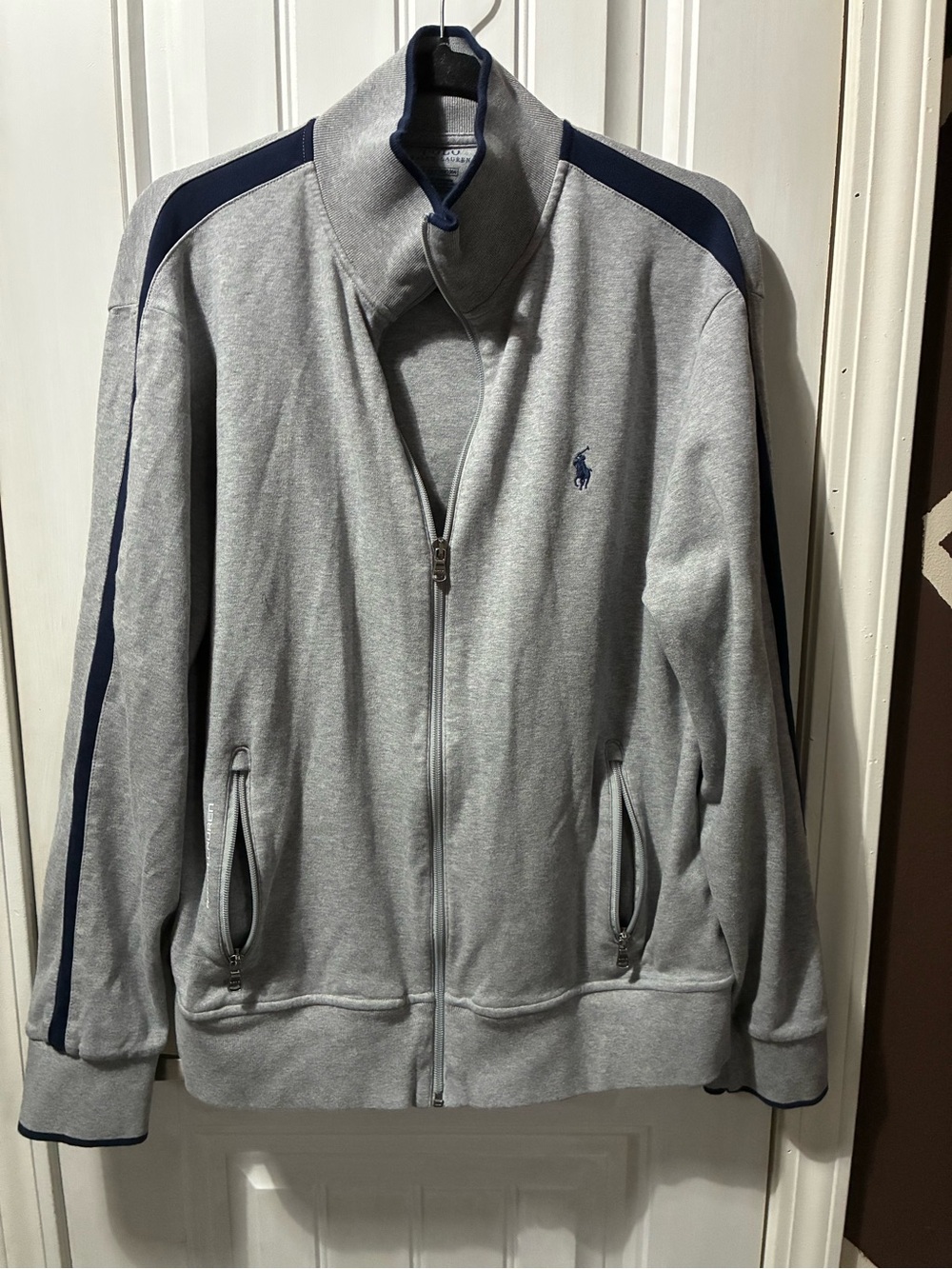 Polo by Ralph Lauren Light Gray Full-Zip Sweatshirt with Navy Trim